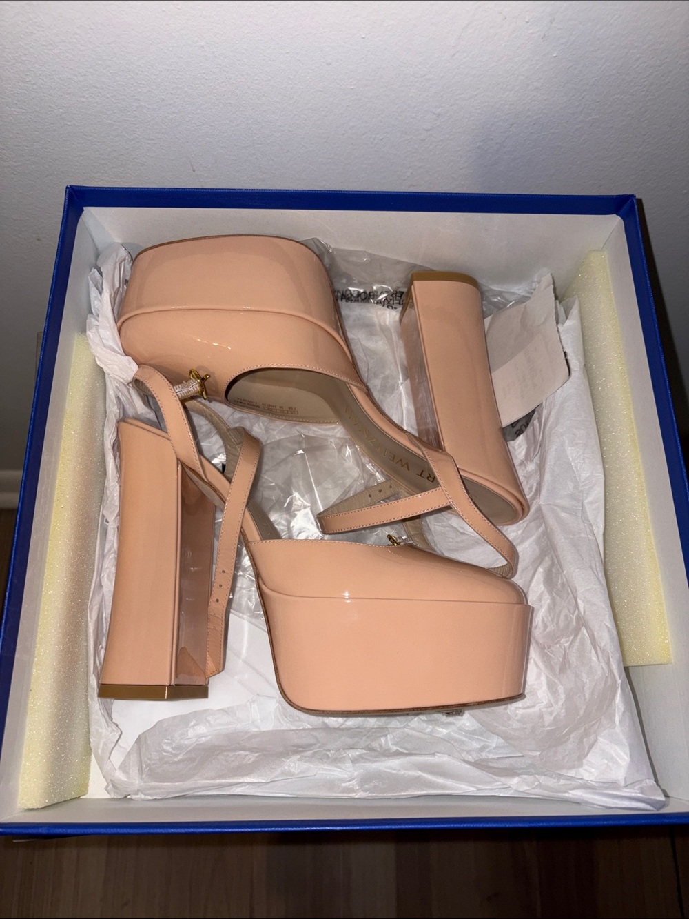 Stuart Weitzman Patent Platform Sandals in Nude Blush